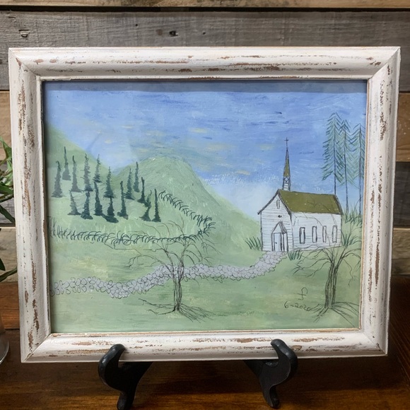 Rustic Hand-Painted Church Picture by Local 90 Yr Old NC Artist - Picture 3 of 6